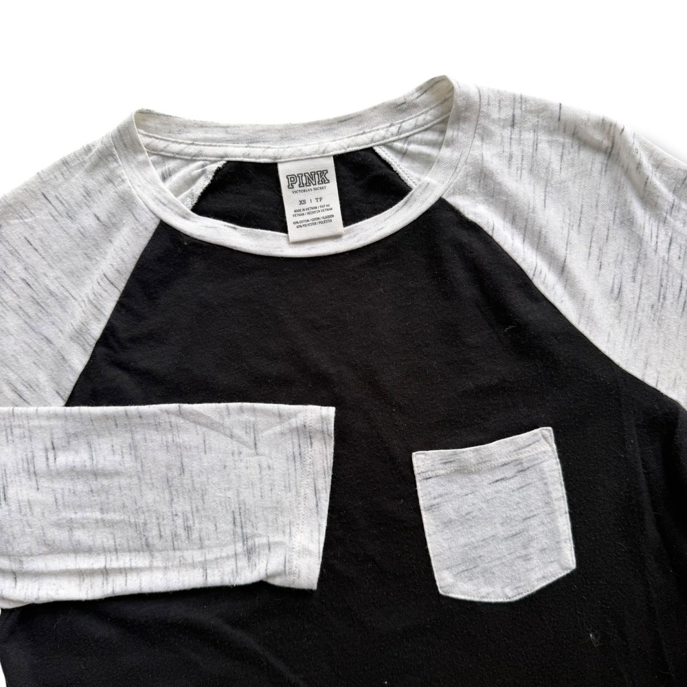 PINK Victoria's Secret Size XS Black Grey Raglan Baseball Tee 3/4 Sleeves Pocket